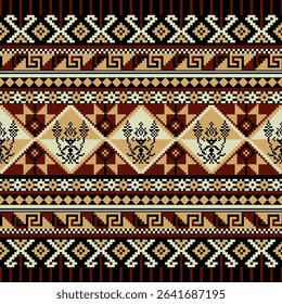 Rich brown and cream Thai tribal pixel pattern with traditional diamond motifs and cultural weaving influence.