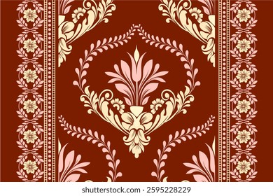 Rich brown damask border pattern with delicate floral and vine elements. Ideal for classic interior design, packaging, and stationery. High-quality vector art for versatile use.