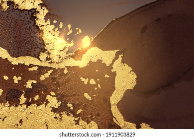 Rich brown and gold marble pattern with sparkles. Vector background in alcohol ink technique. Modern paint with glitter. Template for banner, poster design. Fluid art painting