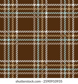 Rich brown and light blue tartan pattern with intricate lines and a classic Scottish vibe. Perfect for textiles, fashion, wrapping paper, and digital designs. Seamless vector background.