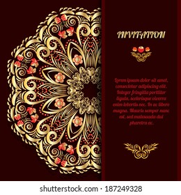 Rich burgundy background with a round gold floral pattern and place for text. 