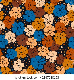 A rich burnt orange, ochre and warm brownish-orange flowers evoke feelings of crisp October morning. Paired with a deep blue hue to make colors pop. Floral mix with polka dots on black for any project