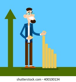 Rich Business Man Build Financial Graph With Coin, Arrow Up Wealth Growth Concept Flat Vector Illustration