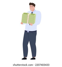 Un hombre de negocios rico sostiene un montón de dinero en efectivo, una ilustración vectorial isométrica. Salario de los ingresos de la banca de inversión de la banca de la inversión económica de los hombres independientes en moneda extranjera con papel en dólares
