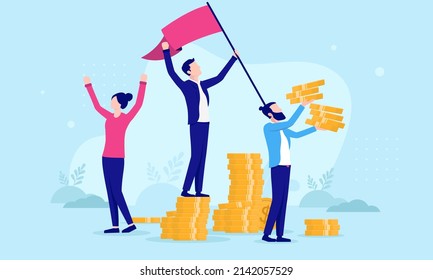 Rich business people making money and celebrating profits. Flat design vector illustration with blue background