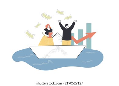 Rich business people sailing on paper boat. Money falling on ship with tiny happy man and woman flat vector illustration. Finance, investment concept for banner, website design or landing web page