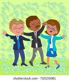 Rich business teamwork with a lot of dollar notes on green background, vector illustration
