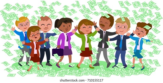 Rich business teamwork with a lot of dollar notes on white background, vector illustration