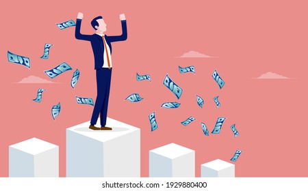 Rich businessman with arms in air standing on graph and earning money. Successful finance and business concept. Vector illustration.