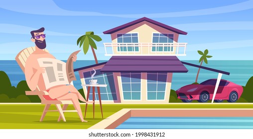 Rich businessman background. Happy rich millionaire holding dollars exact vector cartoon business concept illustrations