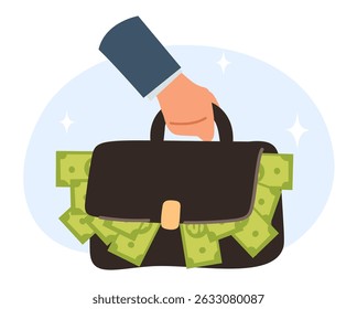 O rico empresário carrega a mala de negócios cheia de notas de dinheiro. Saco de mão com notas de dólar. Poupanças de caixa financeiras. Investimento em moeda. Receitas financeiras. Braço com pasta. Conceito de vetor