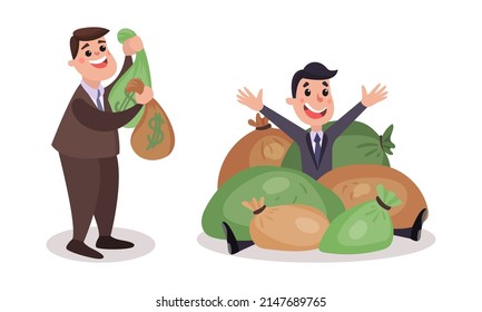 Rich Businessman Character Among Sacks with Dollar Banknotes Vector Illustration Set
