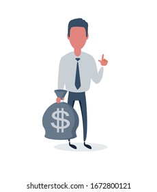 Rich businessman character hold bags full of money. Vector flat cartoon illustration