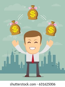 Rich businessman character hold bags full of money. Vector flat cartoon illustration