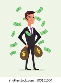 Rich businessman character hold money bags. Financial success concept. Vector flat cartoon illustration