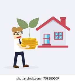 Rich businessman character hold money coin walk to buy house. Financial success saving and investment concept. Vector flat cartoon illustration