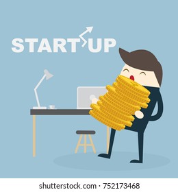 Rich businessman character hold money coin. Financial success start-up and investment concept. Vector flat cartoon illustration