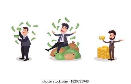 Rich Businessman Character Sitting on Money Bags Vector Illustration Set