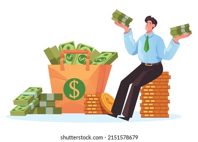 Rich businessman character sitting on money stock concept. Vector cartoon design element illustration