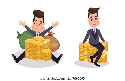 Rich Businessman Character Sitting with Pile of Golden Coins Vector Illustration Set