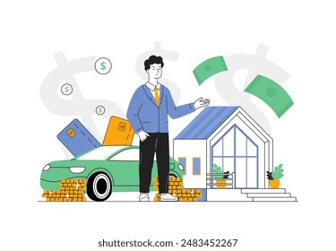 Rich businessman concept. Man with banknotes, gold coins, house and car. Expensive transport and real estate. Young guy with wealth. Linear vector illustration isolated on white background