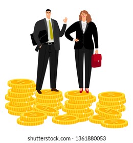 Rich businessman couple stand on coins vector concept