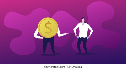 rich businessman with dollar coin and poor business man bankrupt with empty pockets has no money financial crisis bankruptcy investment risk concept full length horizontal vector illustration