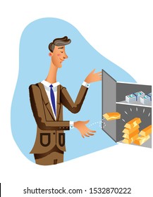 Rich businessman flat vector illustration. Successful man in suit putting gold bars in safebox cartoon character. Chief executive storing money in bank vault isolated clipart. Earnings storage