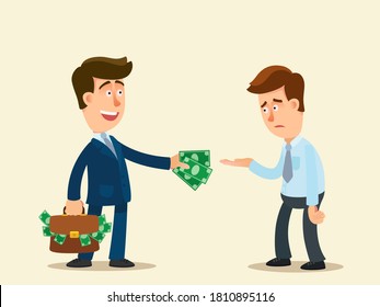 A rich businessman gives money to an unemployed beggar. A business man gives money to a poor man. Donation concept. Vector illustration, flat design cartoon style, isolated background.