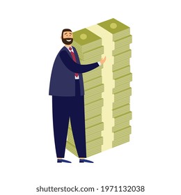 Rich businessman with huge stack banknotes. Happy millionaire with money management and investment in business increased financial wealth. Flat vector isolated illustration