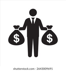 Ícone rico de empresário segurando dois sacos de dinheiro. Pictograma vetorial de uma pessoa bem-sucedida em um terno com sacos de dólar, simbolizando riqueza, investimento e lucro