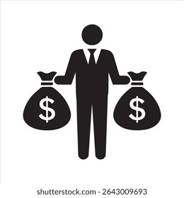 Ícone rico de empresário segurando dois sacos de dinheiro. Pictograma vetorial de uma pessoa bem-sucedida em um terno com sacos de dólar, simbolizando riqueza, investimento e lucro