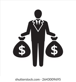 Ícone rico de empresário segurando dois sacos de dinheiro. Pictograma vetorial de uma pessoa bem-sucedida em um terno com sacos de dólar, simbolizando riqueza, investimento e lucro