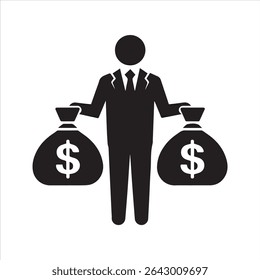 Ícone rico de empresário segurando dois sacos de dinheiro. Pictograma vetorial de uma pessoa bem-sucedida em um terno com sacos de dólar, simbolizando riqueza, investimento e lucro