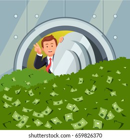 Rich Businessman Peeking Through Bank Vault Door Full Of Dollar Cash Showing Victory Gesture With Hand. Safe Room Filled With Lots Of Money. Business Success Concept. Flat Style Vector Illustration. 