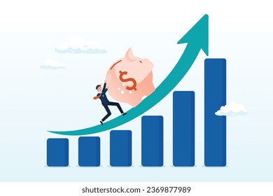 Rich businessman push big piggy bank up rising graph and chart, saving or investment profit, compound interest graph or wealth incremental, investment earning from stock market or mutual fund (Vector)