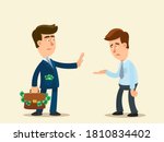 A rich businessman refuse to give money to a poor man. The boss does not give a bonus to worker. Homeless man asking for money. Vector illustration, flat design, cartoon style, isolated background.
