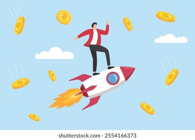 A rich businessman riding a rocket in the sky with falling gold coins. Concept of financial success, startup growth, high return on investment, profits, income increase, flat vector illustration.