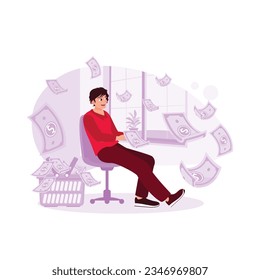 A rich businessman is sitting with a lot of dollar bills scattered. Concept of wealth and success. Revenue growth concept. Trend Modern vector flat illustration