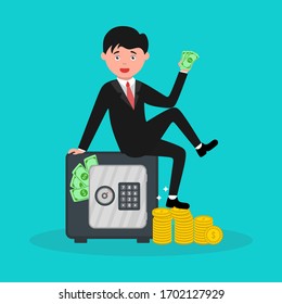 Rich businessman sitting on top of money locker illustration with holding money in hands