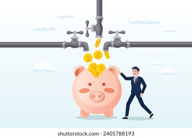 Rich businessman standing with multi cash flow from pipe into wealthy piggy bank, multiple streams of income, passive income or revenue from invest in multi assets, side hustles to make money (Vector)