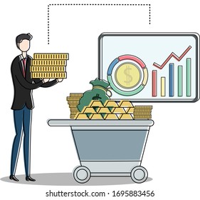 Rich businessman vector concept with male figure carrying pile of coins to his wagon full of gold and money, isolated in white background with business charts