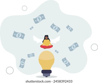 rich businesswoman with angel wings on lightbulb idea with money banknote .flat vector illustration.