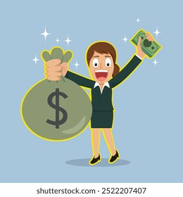 Rich Businesswoman With Big Money Bag. Flat, Vector, Illustration, Cartoon, EPS10.  
 