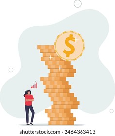 rich businesswoman with coin stack and growth chart.flat vector illustration.