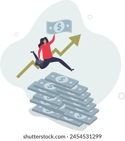 Mujer de negocios rica saltar alto en la pila de monedas de dinero con el crecimiento graph.flat Ilustración vectorial.