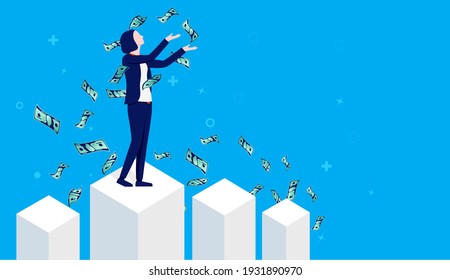 Rich businesswoman - Woman standing on graph and throwing money in air. Blue background and copy space for text.Successful finance and business concept. Vector illustration.