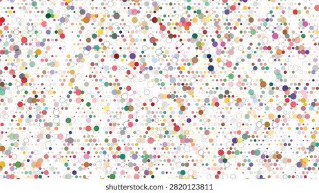 A rich and bustling abstract design filled with countless small, brightly colored dots and thin open circles, forming an energetic dynamic texture.