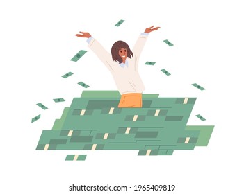 Rich carefree woman throwing money in air, standing in cash heap. Successful wealthy businesswoman. Financial success concept. Colored flat vector illustration isolated on white background