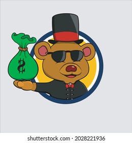 Rich Cartoon Bear Head Circle Label With Bring Money, Yellow Colors Background, Cartoon, Mascot, Animals, Character, Vector and Illustration.
